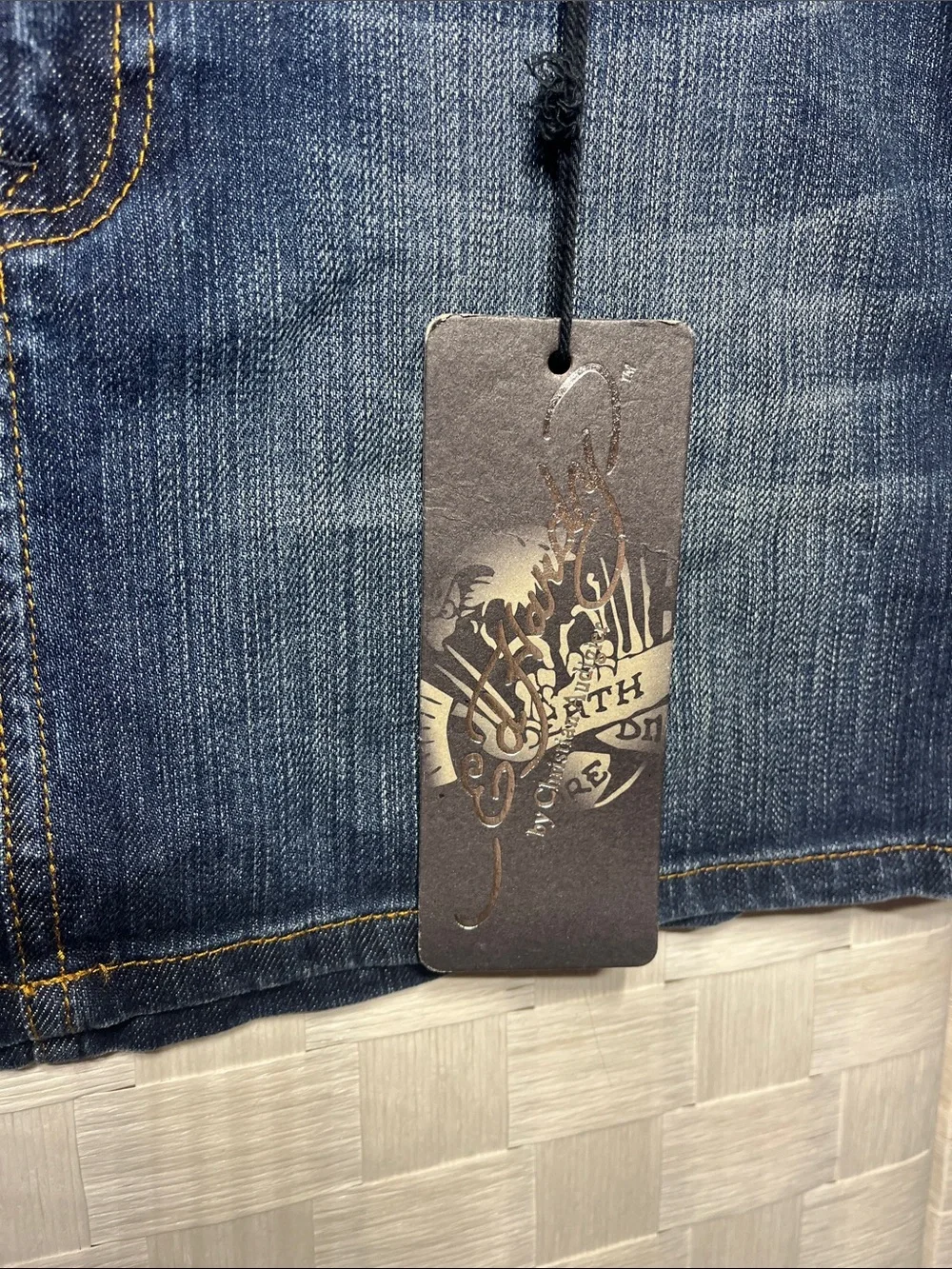 Ed Hardy Blue Denim Mini Skirt Love Kills Slowly Red Heart Skull Embroidery